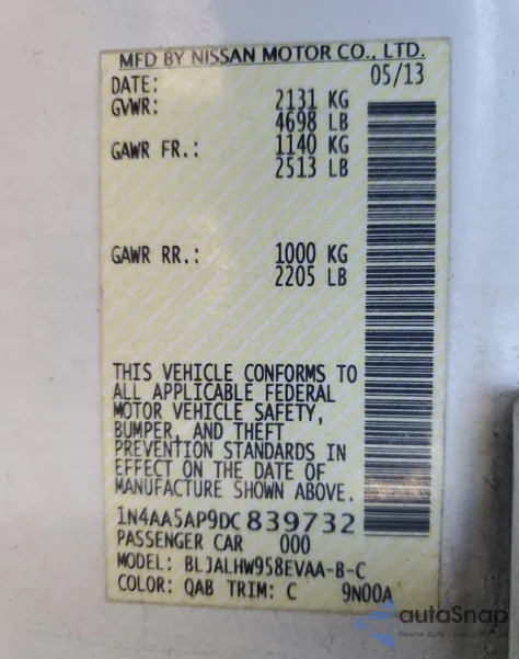 2013 Nissan Maxima S z USA, uszkodzony, nr VIN 1N4AA5AP9DC839732